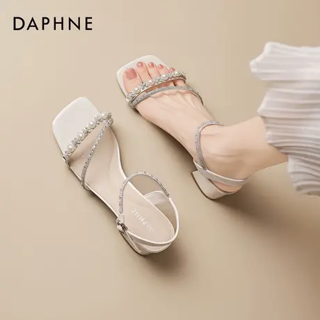 达芙妮白色时装凉鞋女2026新款法式夏季外穿水钻厚底一字带高跟鞋图片