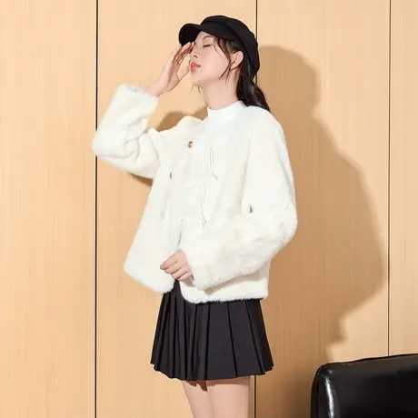 唐狮冬季新款女新中式小香风白色气质韩系圆领仿水貂毛外套女tu图片