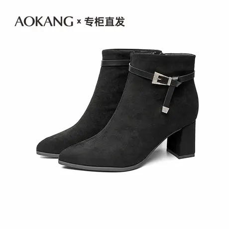 奥康2025秋冬新款韩系绒面尖头高跟短靴女及踝靴粗跟短筒瘦瘦靴子商品大图