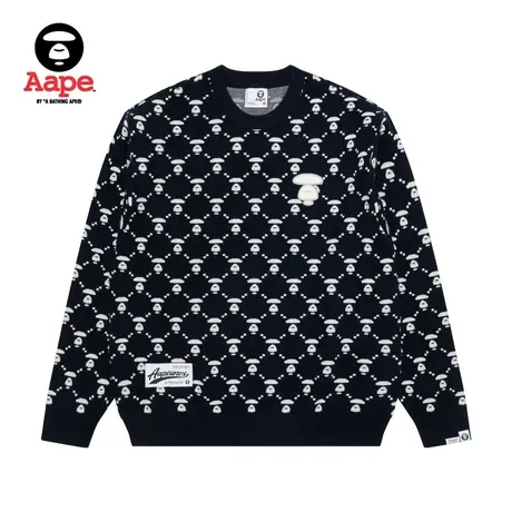 Aape旗舰店男装秋冬猿颜图案花纹复古休闲圆领针织衫A394XXL商品大图