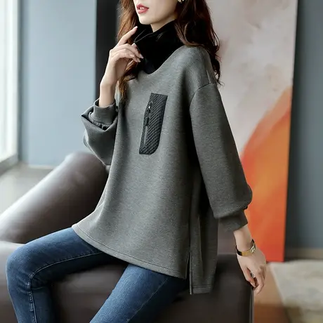 宝诗黎半高领拼接撞色休闲卫衣2023新款宽松百搭长袖上衣时尚秋装商品大图