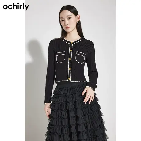 【品牌甄选】欧时力 小香风撞色坑条针织衫女新款春圆领长袖上衣商品大图