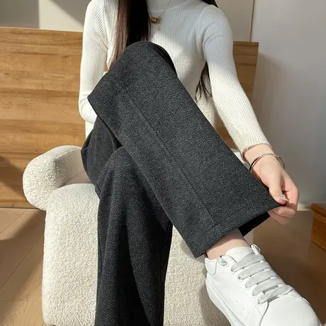 灰色羊绒毛呢高级感休闲裤女秋冬季加厚窄版直筒垂感呢子阔腿裤子商品大图