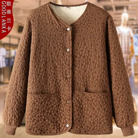 加肥加大码中老年妈妈冬季加绒外套宽松洋气提花加厚保暖短款棉衣商品大图