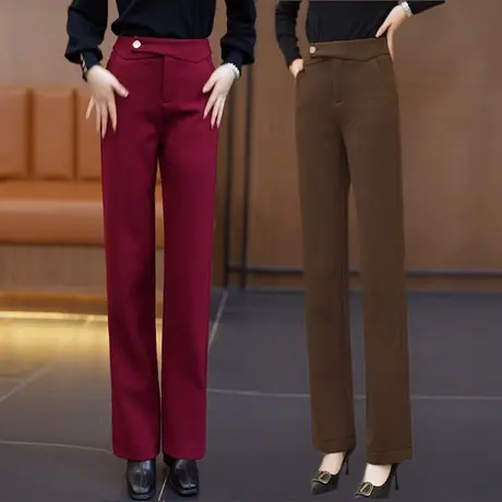 毛呢阔腿裤女秋冬2023新款设计感高腰宽松直筒裤加绒加厚职业西裤图片