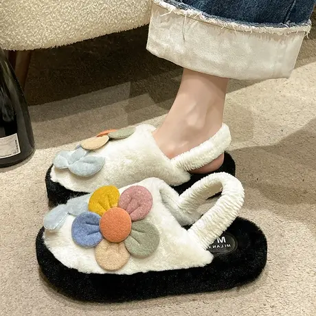 网红后绊带包头棉拖鞋女外穿2023秋冬新款高级感花朵厚底毛毛拖鞋商品大图