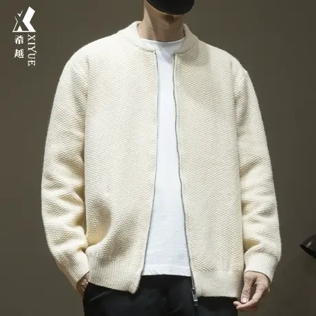 希越棒球领纯色针织开衫男士秋冬季750g重磅毛衣宽松大码休闲外套商品大图