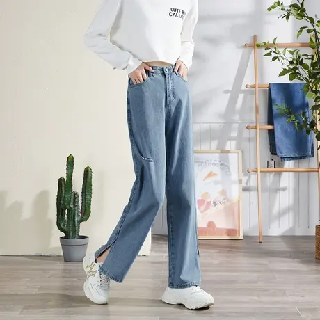 唐狮春秋季女牛仔裤阔腿裤宽松高腰显瘦破洞开叉百搭潮流图片