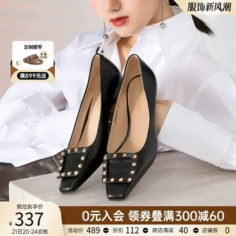 千百度女鞋春季新款舒软羊皮欧美方头时装鞋小猫跟通勤女单鞋气质商品大图