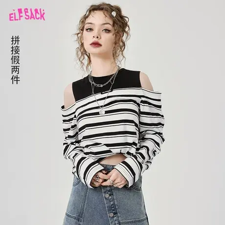 妖精的口袋假两件露肩条纹t恤女2023秋季新款长袖宽松设计感拼接商品大图