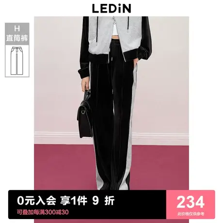 乐町侧缝拼接丝绒休闲撞色直筒裤2023年冬季新款女生宽松休闲裤商品大图