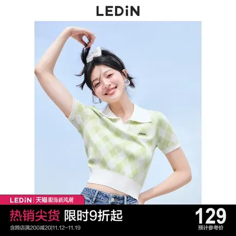 乐町新品POLO领T恤格纹俏皮2023春季新款冰丝短上衣针织短袖女夏图片