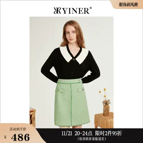 YINER音儿专选女装冬季钉珠设计感撞色翻领保暖针织衫衫商品大图