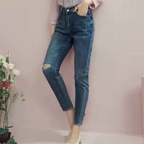桔熊牛仔长裤子女潮弹力磨白破洞抓纹修身小脚裤胖妹妹大码BA5411图片