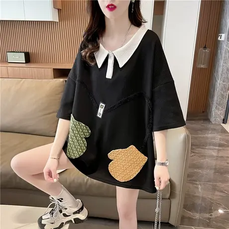 短袖t恤女夏季韩版宽松大码女装中长款半袖百搭翻领polo衫上衣服商品大图