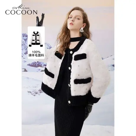 MISSCOCOON千金玛德琳2023冬季新女撞色浮雕花朵肌理绵羊毛皮草商品大图