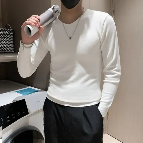 秋冬季V领针织打底衫男修身韩版纯色INS潮牌个性潮男内搭毛衣体恤图片