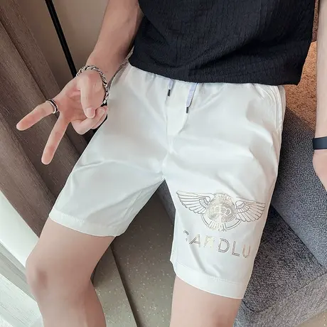 夏季烫钻速干薄款短裤潮流新款小众休闲潮男直筒宽松五分沙滩短裤图片