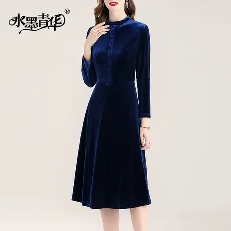 【1件7.9折】秋季新品百搭大摆裙显瘦修身打底裙中长款丝绒连衣裙图片