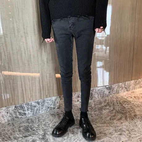 复古九分牛仔裤男春秋新款潮男裤黑灰色休闲裤韩版修身百搭小脚裤商品大图