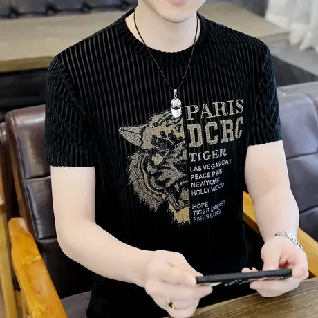 短袖男夏装t恤2022年新款冰丝透气男装衣服潮牌个性帅气烫钻体恤商品大图