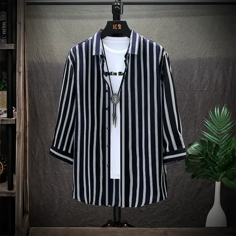 短袖衬衫男夏季休闲韩版潮流七分中袖条纹衬衣男士薄外套痞帅寸衫图片