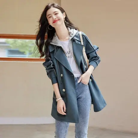 时尚气质拼接连帽风衣外套女士2022秋季新款通勤户外休闲显瘦上衣图片
