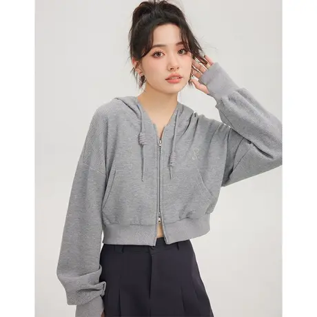 尔给灰色连帽开衫拉链短款甜辣风卫衣外套女春秋款2022新款上衣图片