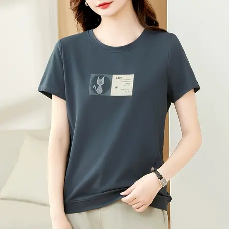 圆领正肩短袖T恤女夏2023新款凉感中年印花百搭基础款衣服体恤衫商品大图