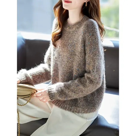 宝诗黎圆领毛衣女新款亮片慵懒宽松羊毛衫2024春秋时尚套头针织衫图片