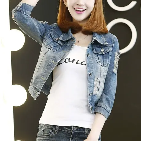 牛仔外套女春秋短款修身韩版潮显瘦学生七分袖牛仔服上衣破洞高腰商品大图