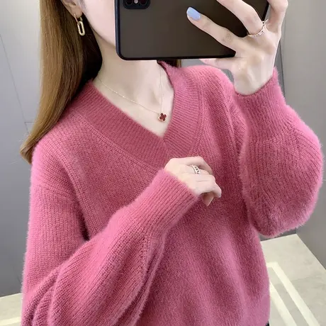 水貂绒毛衣女秋冬2023年新款爆款时尚洋气宽松V领上衣针织打底衫商品大图