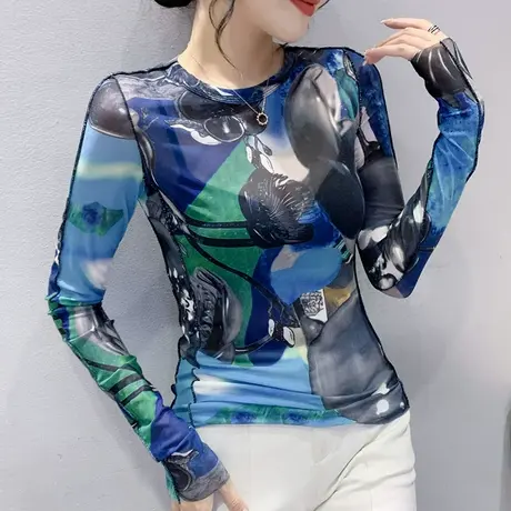 性感微透网纱打底衫女长袖2024春秋新款设计感印花上衣修身T恤潮图片