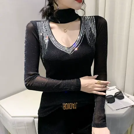 高领打底衫女秋冬2024新款性感镂空网纱T恤长袖重工烫钻气质上衣商品大图