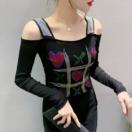 性感露肩打底衫女长袖2024秋新款时尚一字领T恤重工烫钻网纱上衣图片