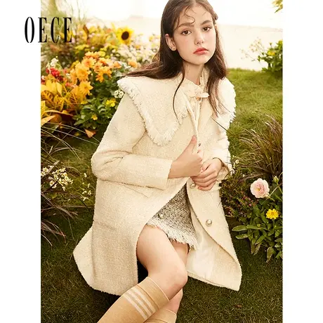 Oece秋冬新款 复古香风甜美流苏翻领呢外套中长款大衣商品大图