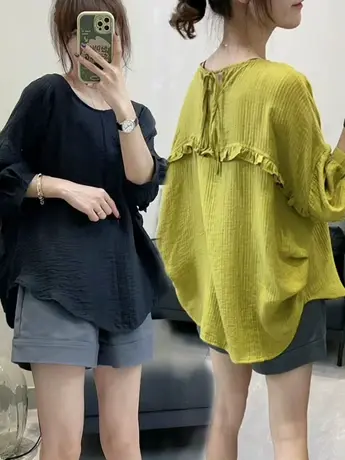 设计感甜美花边圆领套头衬衫夏装女宽松中袖气质衬衣上衣潮雪纺衫商品大图