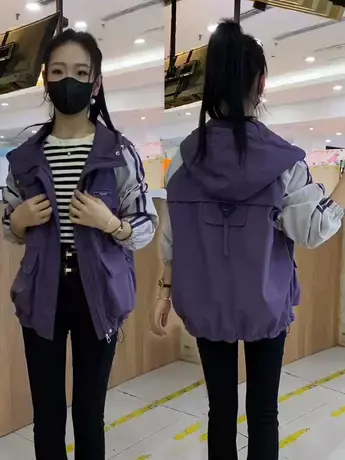 时尚连帽加棉风衣外套女秋冬新款撞色口袋宽松夹克加厚冲锋衣上衣商品大图