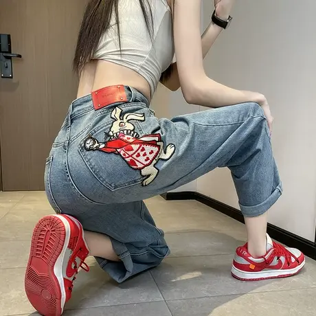 兔子刺绣牛仔裤女大码胖mm高腰显瘦设计感小众美式复古直筒阔腿裤商品大图