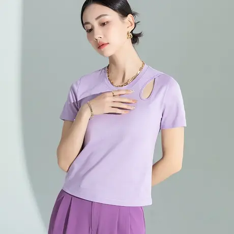 紫色短袖t恤女夏2023新款夏季薄款小个子短款天丝圆领上衣女冰丝图片