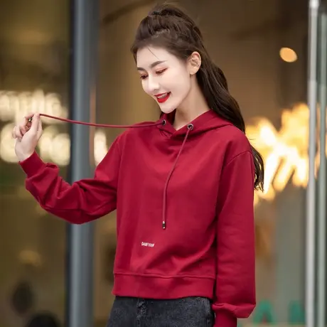 红色带帽卫衣女2024新款女士小个子连帽上衣春秋女装外套小款时尚商品大图