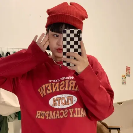 红续美式复古酒红色薄款oversize卫衣女小众设计感做旧字母上衣潮图片