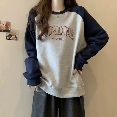 ins超火美式复古插肩袖卫衣女初秋薄款宽松百搭撞色圆领无帽上衣商品大图