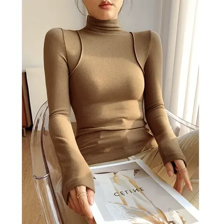 德绒半高领打底衫女内搭长袖中领加绒上衣春秋冬修身洋气加厚保暖商品大图