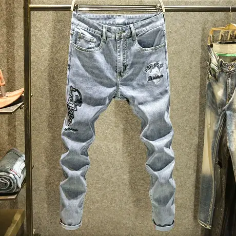 2024欧洲站潮牌烫钻牛仔裤男修身弹力小脚裤欧货刺绣高端休闲裤子商品大图