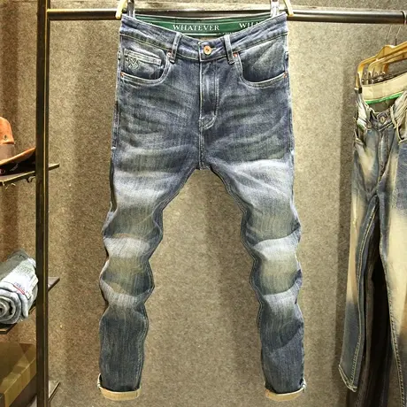 复古牛仔裤男士修身小直筒弹力裤子2024新款经典美式休闲水洗长裤商品大图