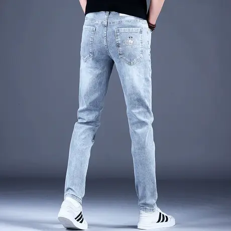 2023新款春季牛仔裤子简约修身口袋烫钻印花小脚裤百搭潮牌男裤子商品大图