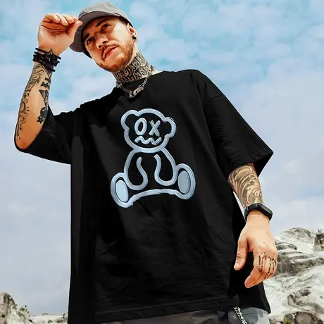 oversize小熊t恤 夏季潮牌纯棉半袖涂鸦潮流上衣夏装国潮情侣短袖商品大图