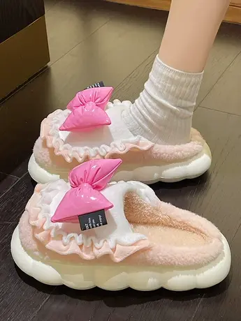 网红爆款蝴蝶结包头棉拖鞋女2023秋冬新款可爱少女心厚底毛毛拖鞋商品大图
