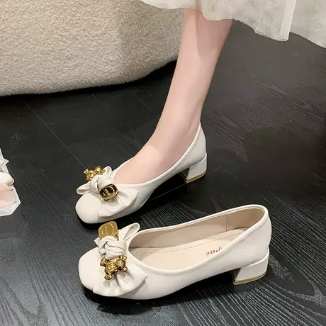 单鞋女粗跟低跟软皮软底配裙子的高跟鞋网红仙女风甜美蝴蝶结女鞋图片